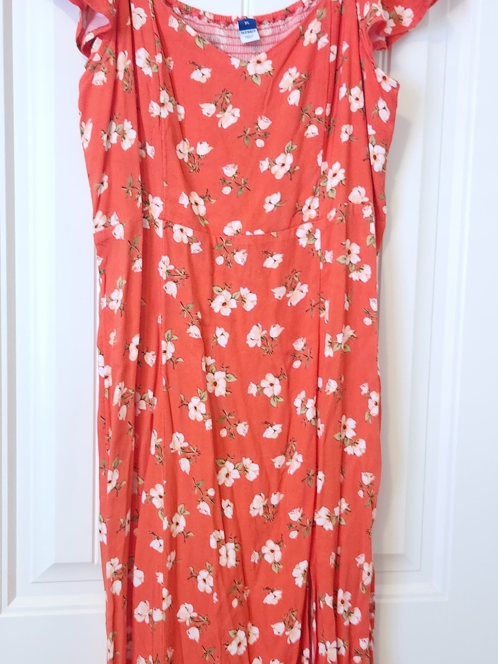 Floral Off-Shoulder Midi Dress With Side Slit in Coral Pink